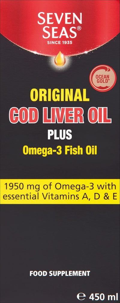 Seven Seas Original Cod Liver Oil Plus Omega 3 450ml front packaging