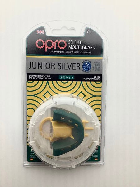 Opro Self Fit Junior Mouthguard Silver Green Yellow