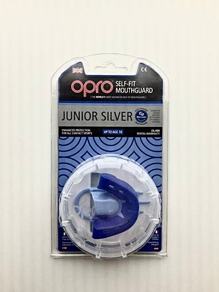 Opro Self-fit Silver Junior Mouthguard- Blue