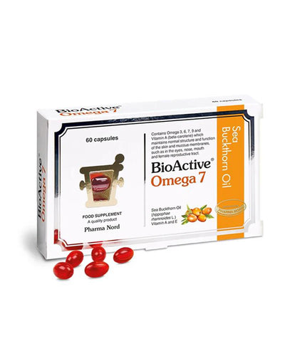 Box of BioActive Omega 7 supplement with capsules on a white background