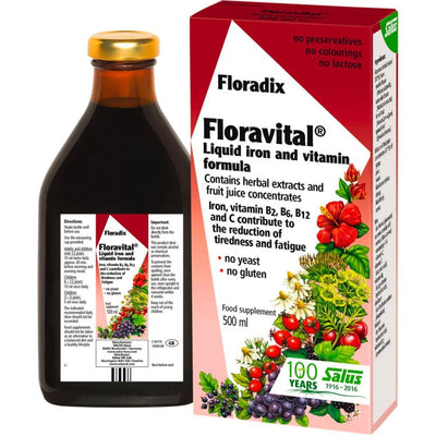Bottle and box of Floradix Floravital liquid iron and vitamin formula on a white background