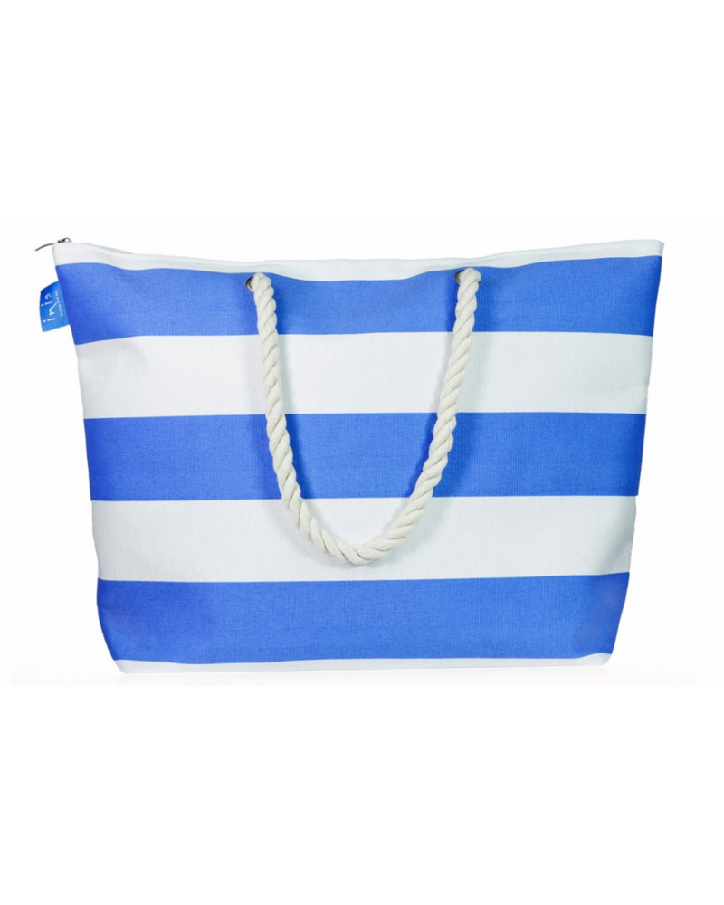 Blue and white striped tote bag with rope handles on a white background