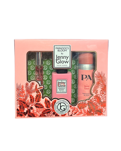 Jenny Glow perfume set with floral design packaging on a white background