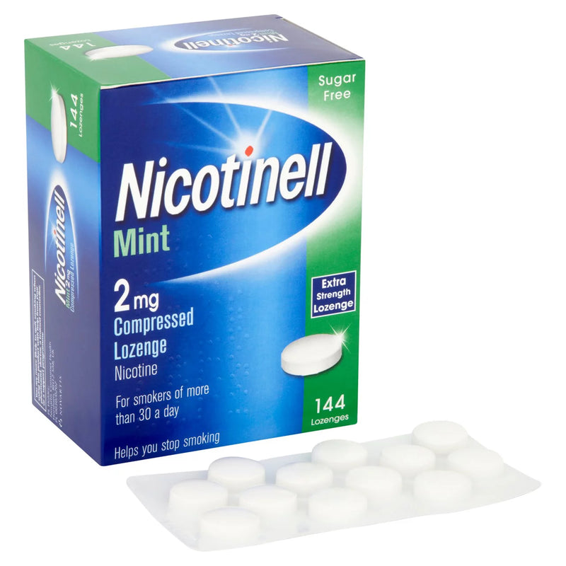 Nicotinell Mint lozenge packaging with lozenges on a white background