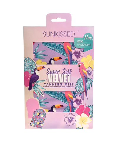Sunkissed Super Soft Velvet Tanning Mitt packaging with tropical designs on a white background