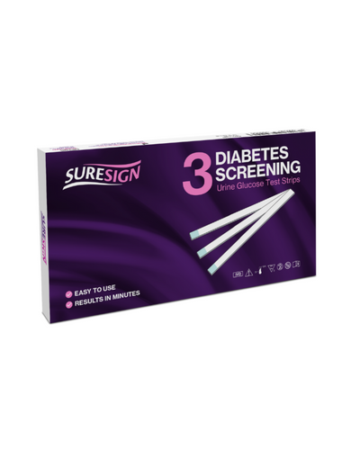 Box of Suresign diabetes screening test strips on a white background