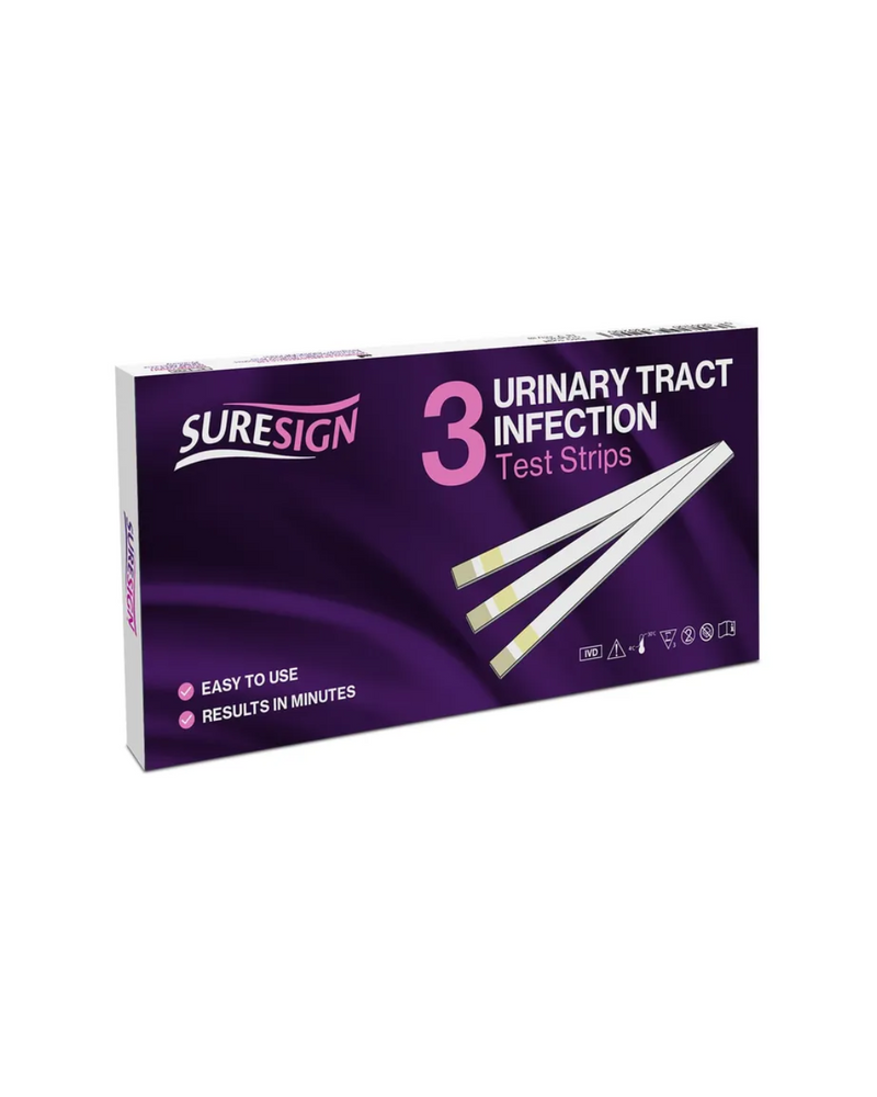Box of Suresign Urinary Tract Infection Test Strips on a white background