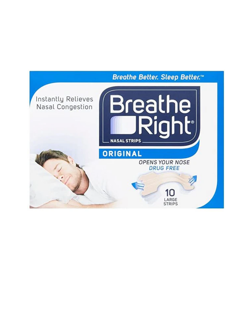 Breathe Right nasal strips packaging with a sleeping person on a white background