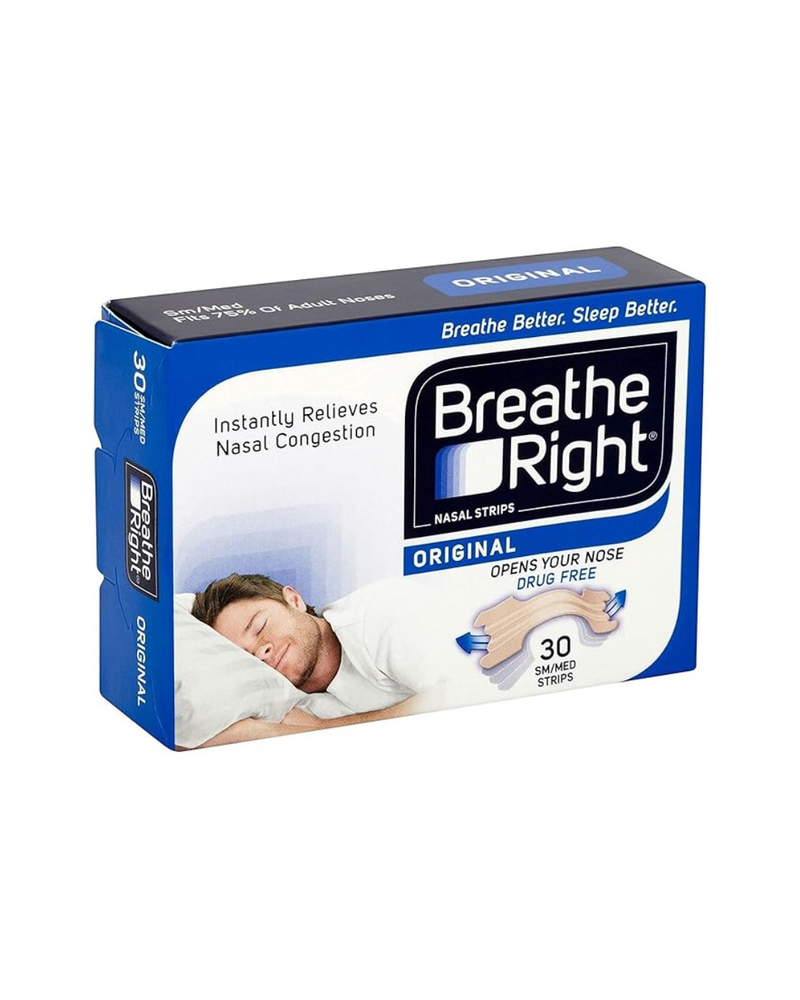 Breathe Right nasal strips packaging with a person sleeping on a pillow.