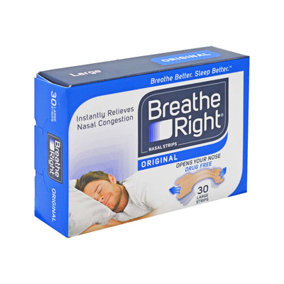Box of Breathe Right nasal strips with a person lying down on a pillow.