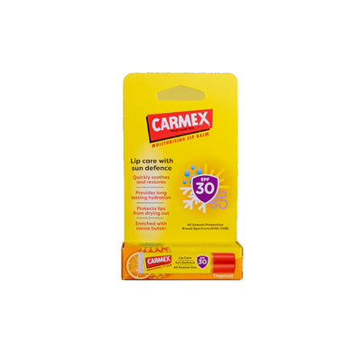 Carmex lip balm packaging with SPF 30 on a white background