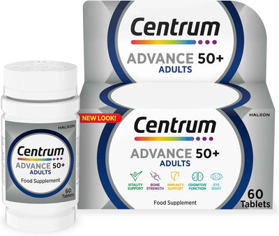 Centrum Advance 50+ adults supplement bottle and packaging on a white background
