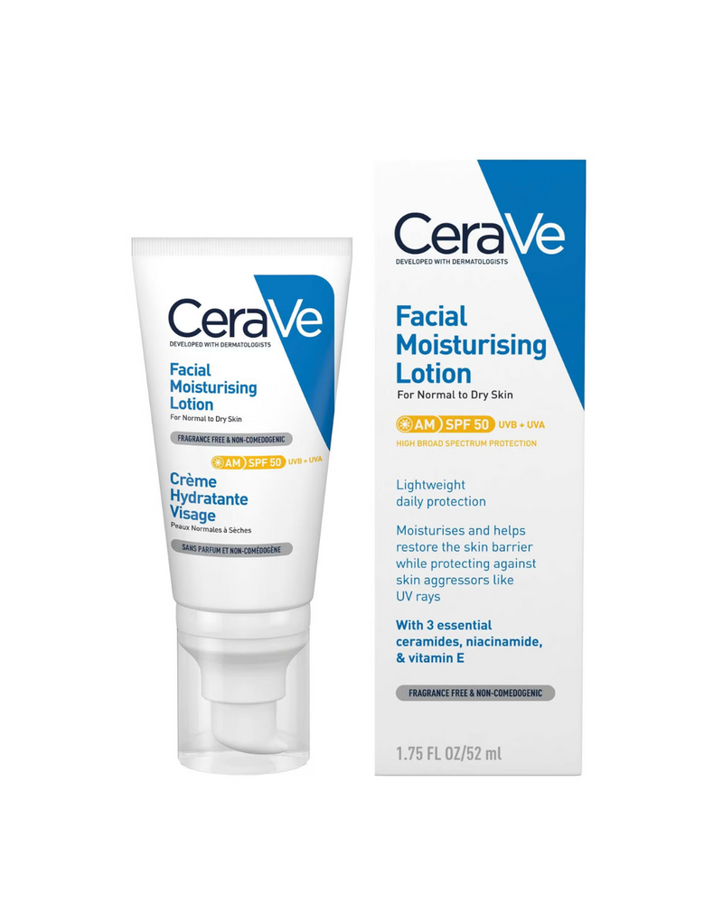 CeraVe facial moisturizing lotion with packaging on a white background