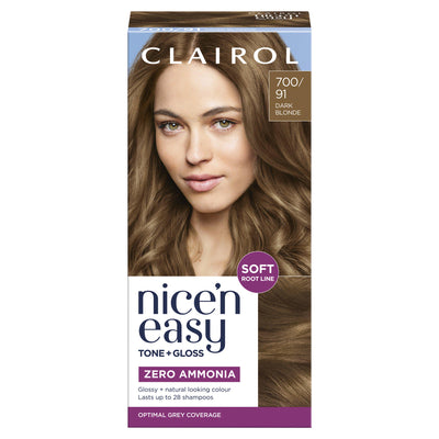 Clairol Nice'n Easy hair color kit packaging with a model and product details.