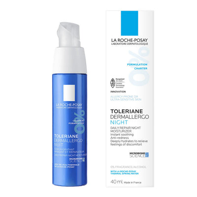 La Roche-Posay Toleriane Dermallergo Night moisturizer bottle and packaging on a white background
