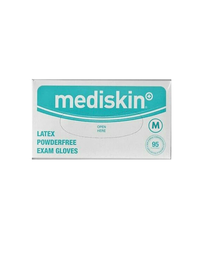Box of Mediskin latex powder-free exam gloves on a white background