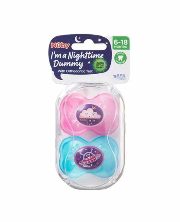 Nuby Night Dummies (Pink and Blue) (6-18 months)