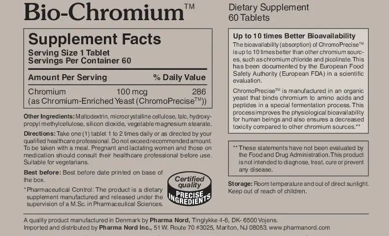 Pharma Nord Bio-Chromium ChromoPrecise 100ug - 60 Tablets Back