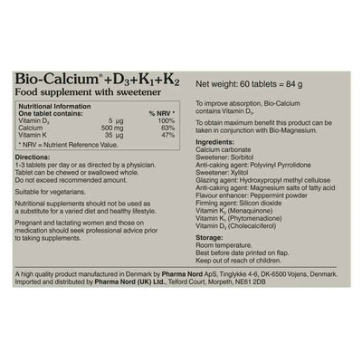 Nutritional label for Bio-Calcium food supplement with ingredients and directions.