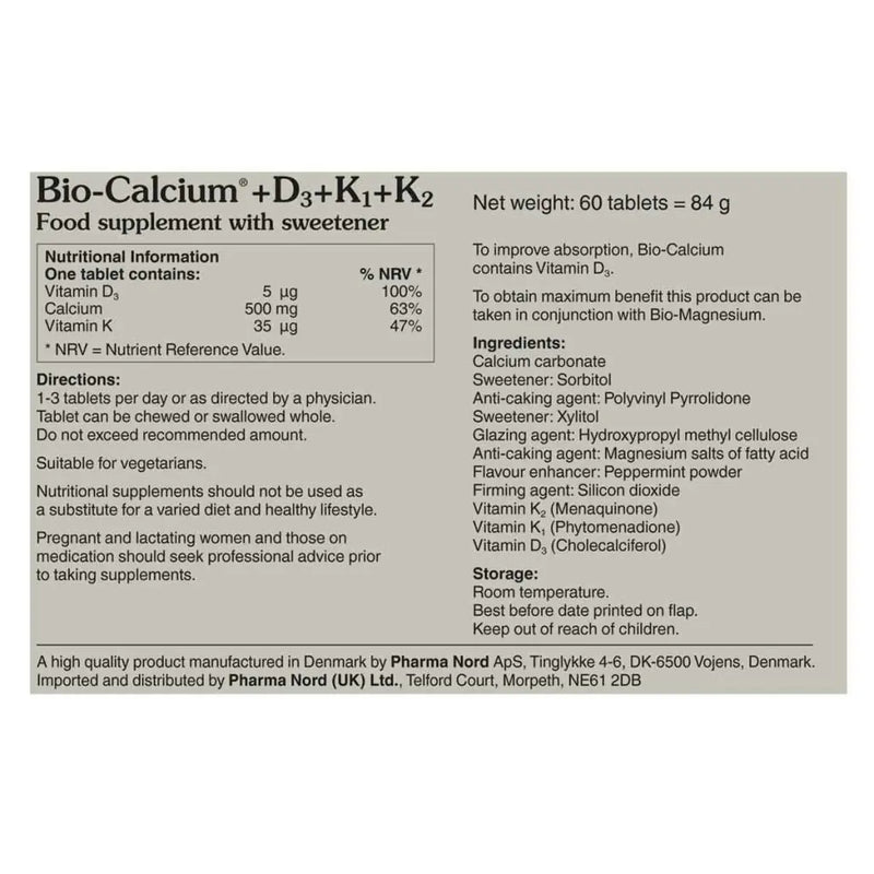 Nutritional label for Bio-Calcium food supplement with ingredients and directions.