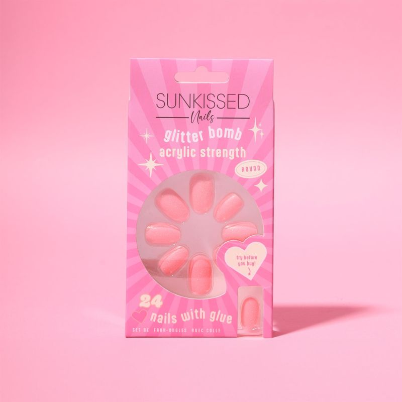 Sunkissed Glitter Bomb Pink Round False Nails 24 Pack