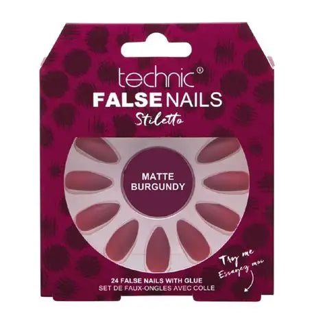 Technic False Nails Stiletto Matte Burgundy 24 Pack