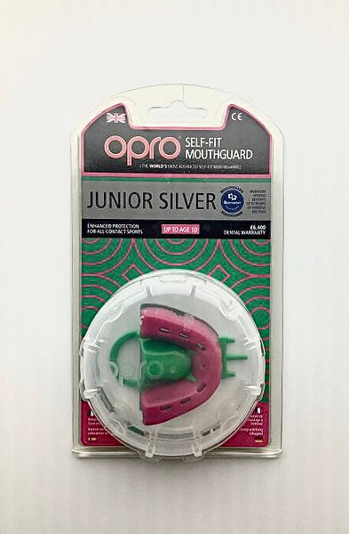 Opro Self Fit Junior Mouthguard Silver Pink Green