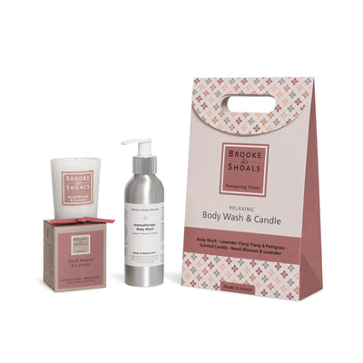 Brooke and Shoals Relaxing Body Wash & Candle Gift Set packaging