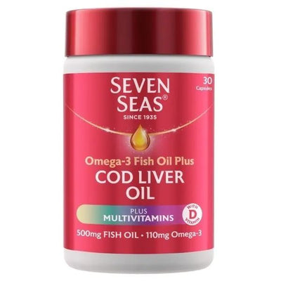 Seven Seas Cod Liver Oil Plus Multi Vitamins packaging for 30 Capsules